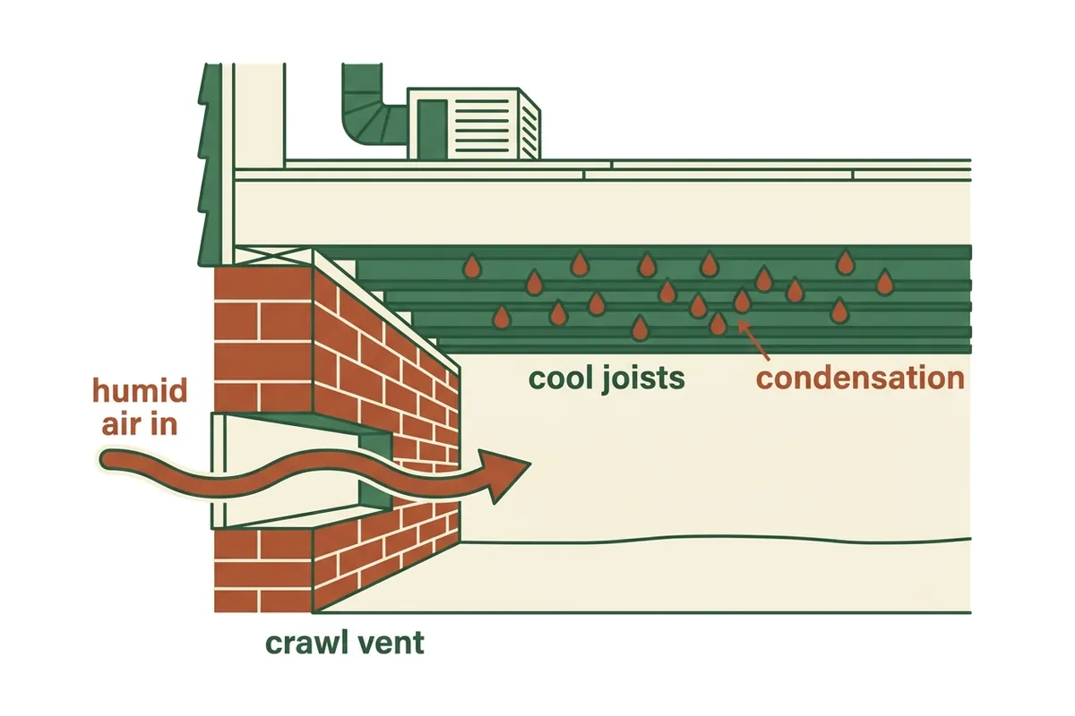 Diagram: 70-percent summer humidity feeding mold growth inside an Augusta home